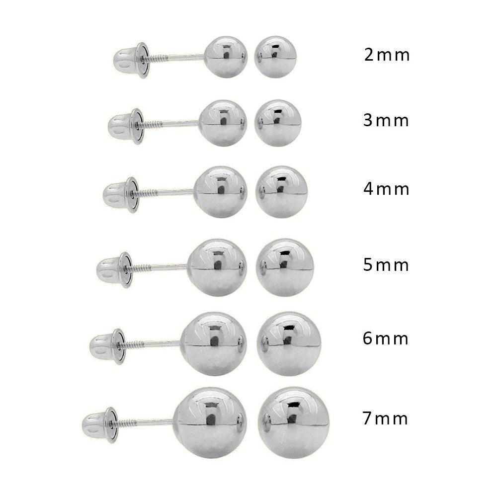 14K White Gold Bead Stud Earrings - Screw Back