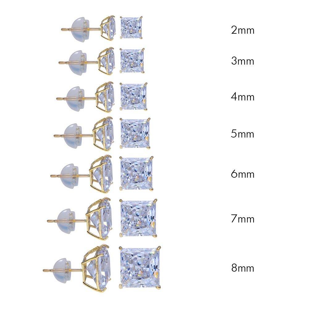 14K Yellow Gold Square CZ Stud Earrings - Silicone Back
