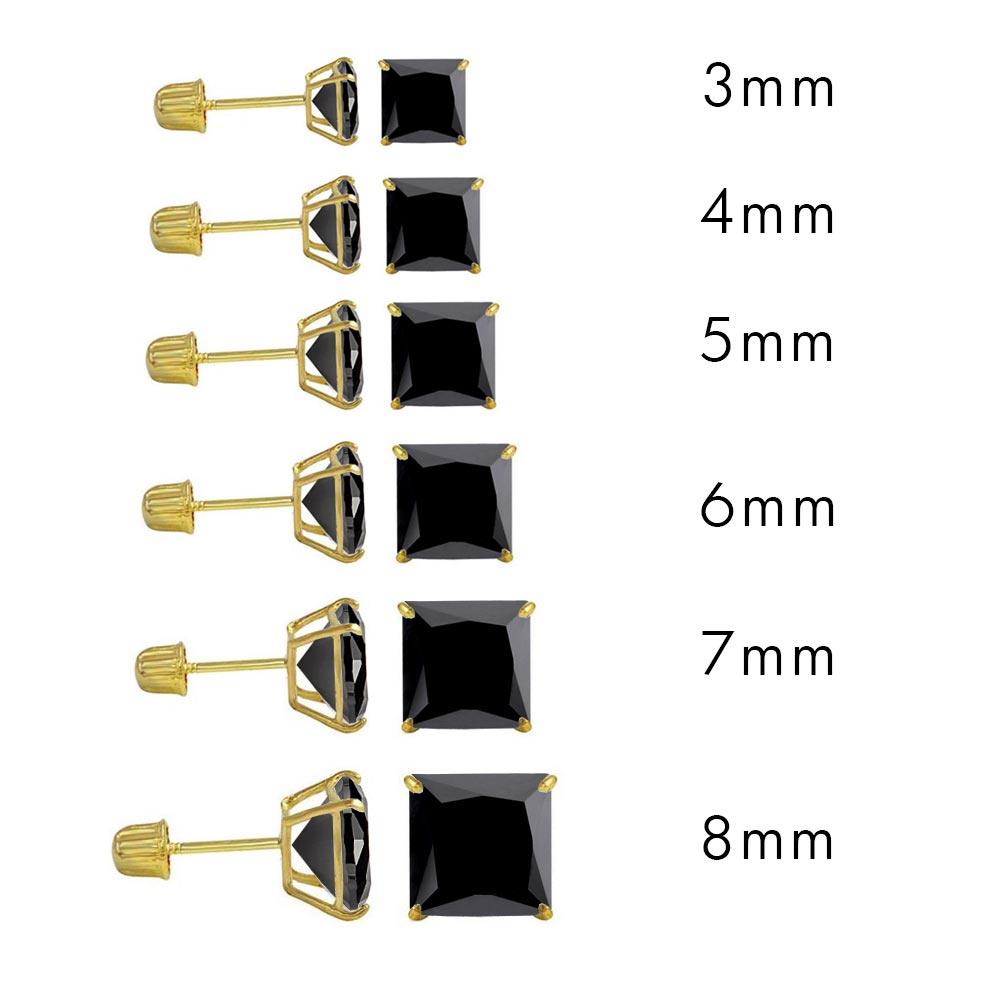 14K Yellow Gold Black CZ Square Stud Earrings - Screw Back