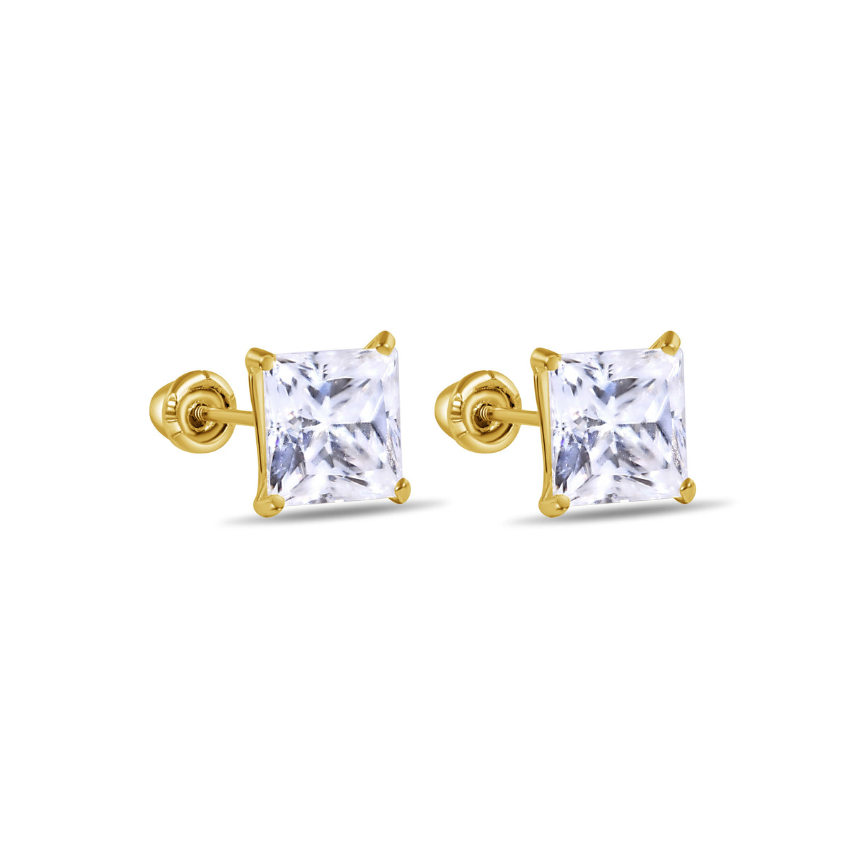 14K Yellow Gold Square Moissanite Stud Earrings - Screw Back