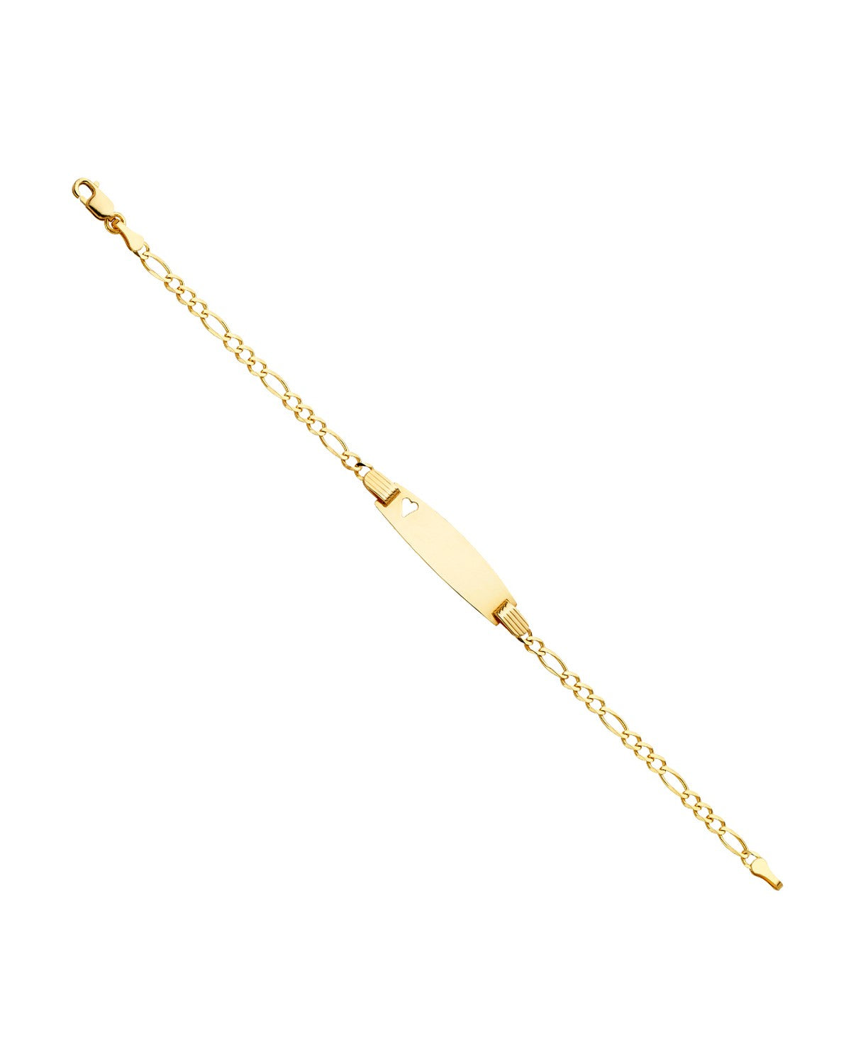 14K Yellow Gold 060 Figaro 3+1 Baby Oval ID with Heart Bracelet (AB-0086)