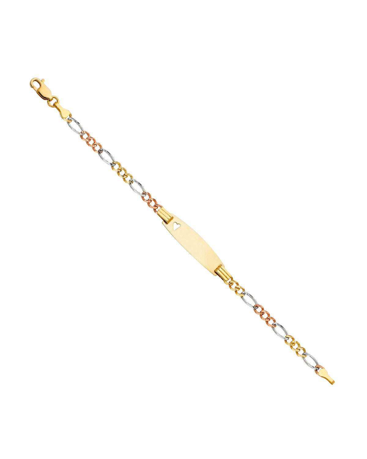 14K Yellow Gold 080 Figaro 3+1 3C Baby Oval ID with Heart Bracelet (AB-0093)