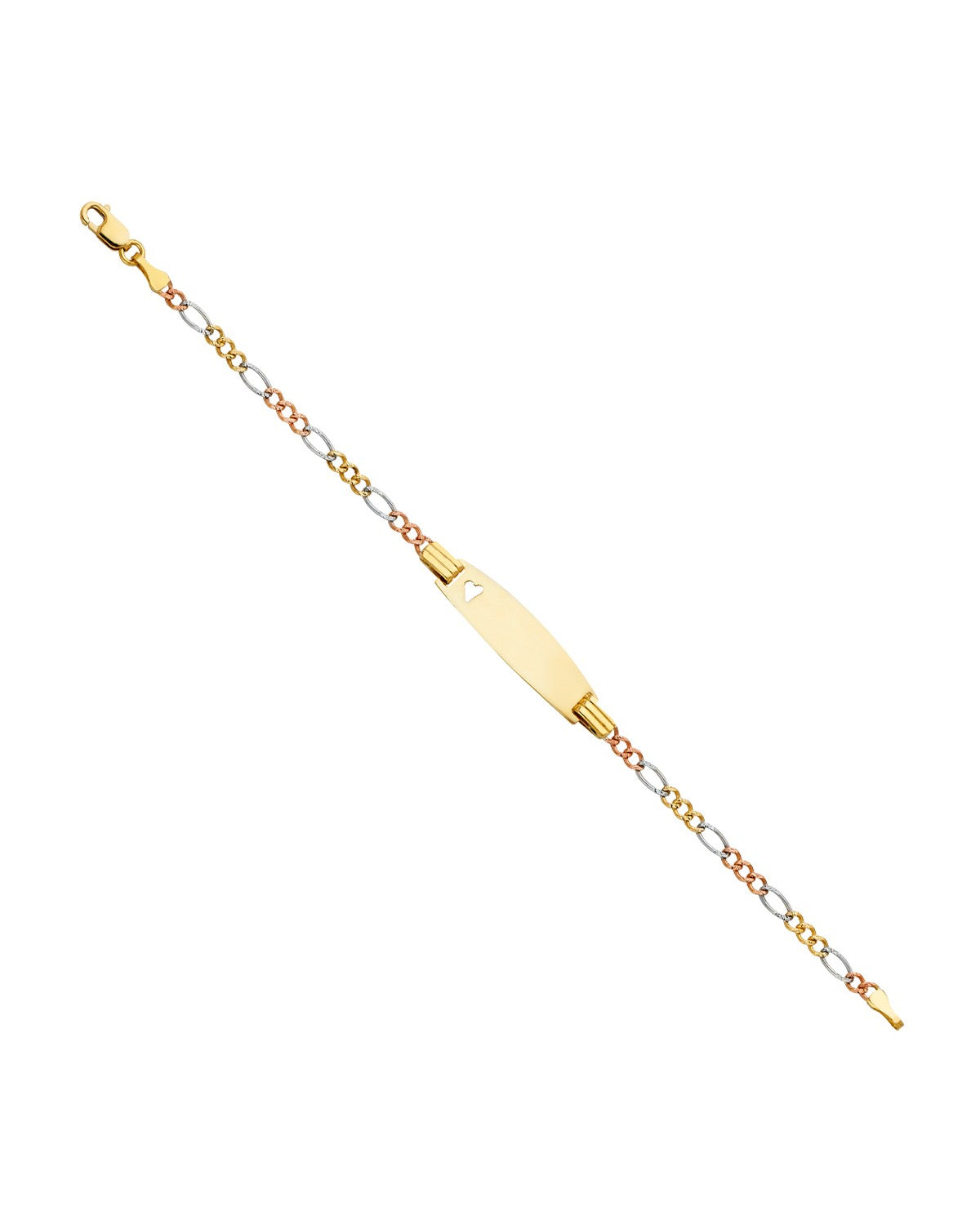 14K Yellow Gold 060 Figaro 3+1 3C Baby Oval ID with Heart Bracelet (AB-0094)