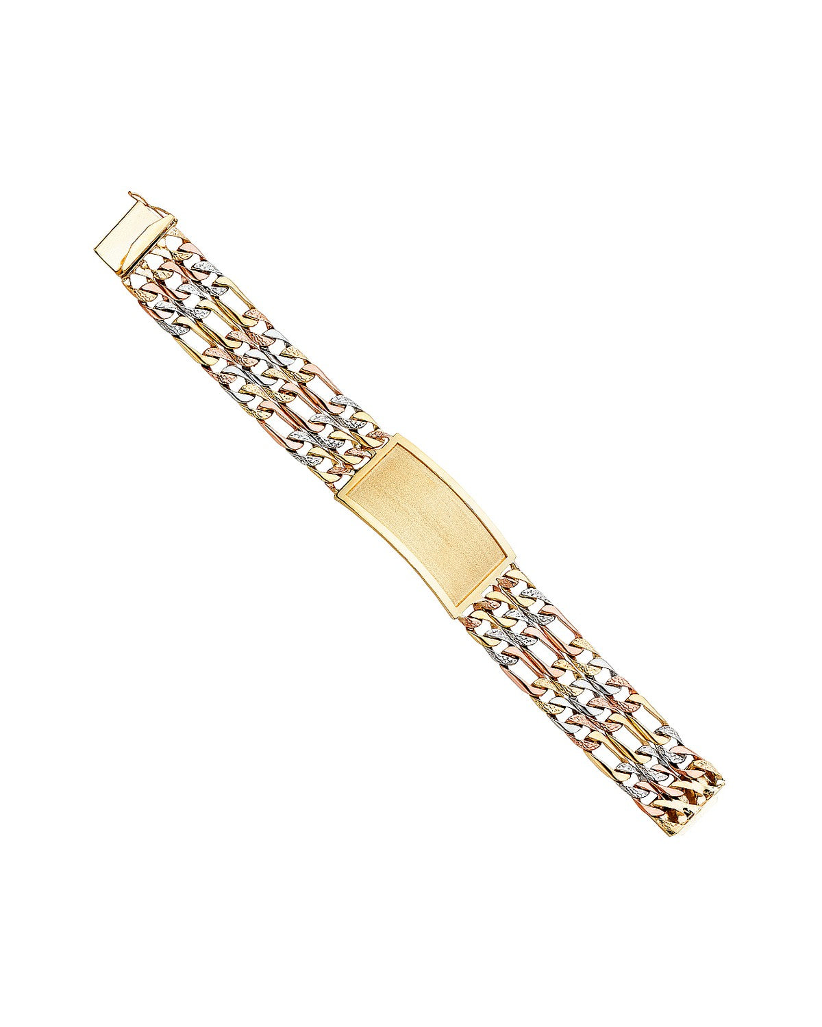 14K Tri-Color Gold 3C 3L Nugget Figaro Link Frame ID Bracelet (AB-0352)