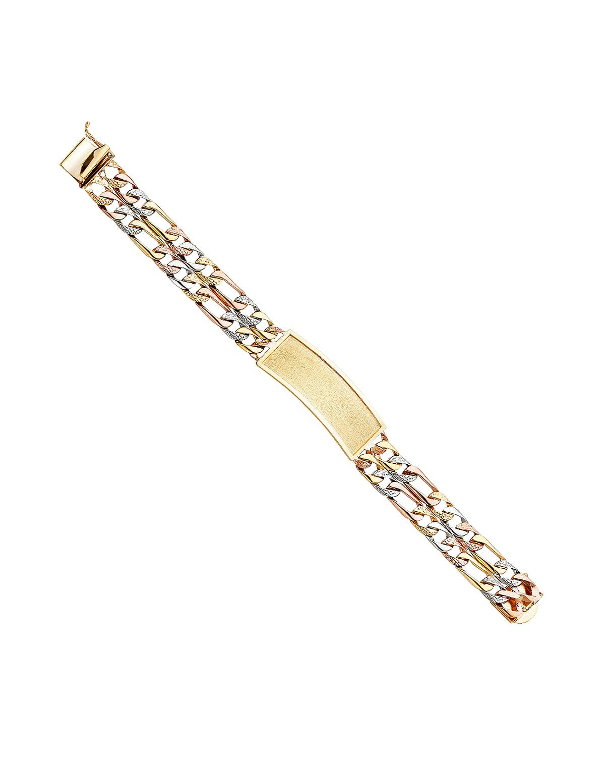 14K Tri-Color Gold 3C 2L Nugget Figaro Link Frame ID Bracelet (AB-0353)