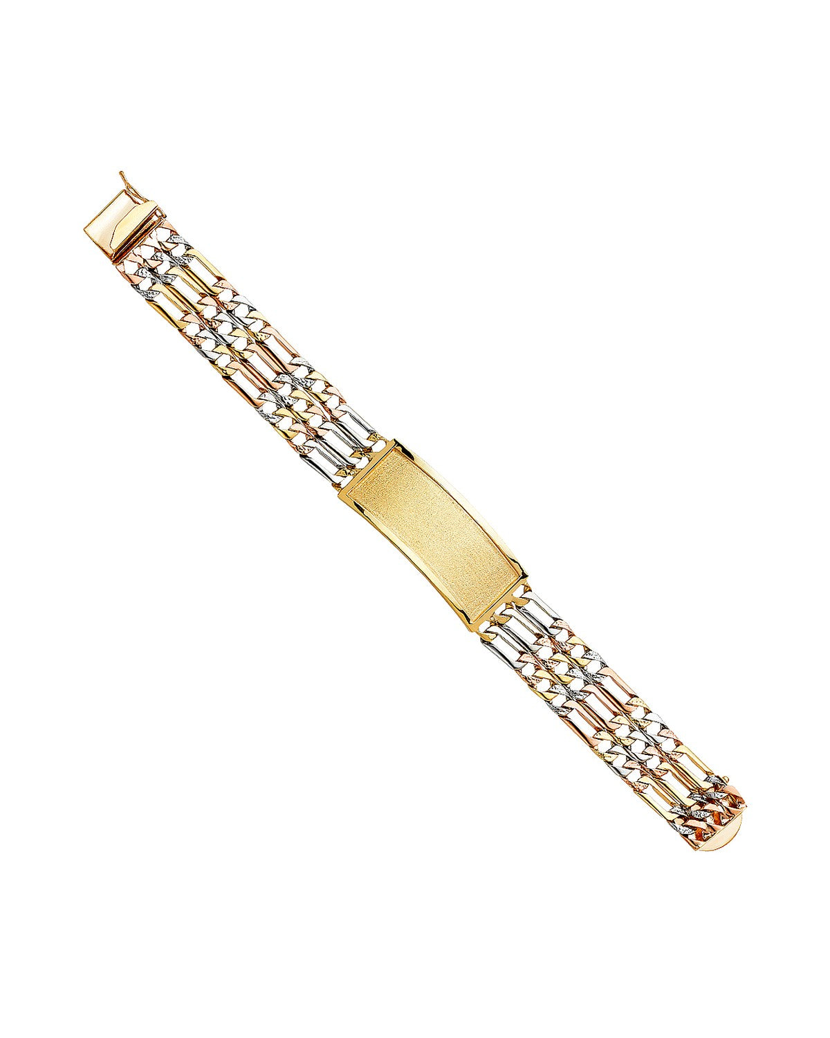 14K Tri-Color Gold 3C 3L Nugget Figaro Link Frame ID Bracelet (AB-0355)
