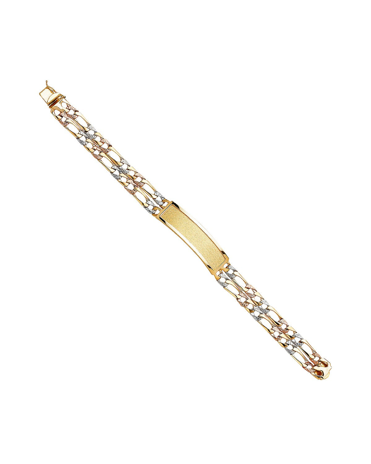 14K Tri-Color Gold 3C 2L Nugget Figaro Light Link Frame ID Bracelet (AB-0356)