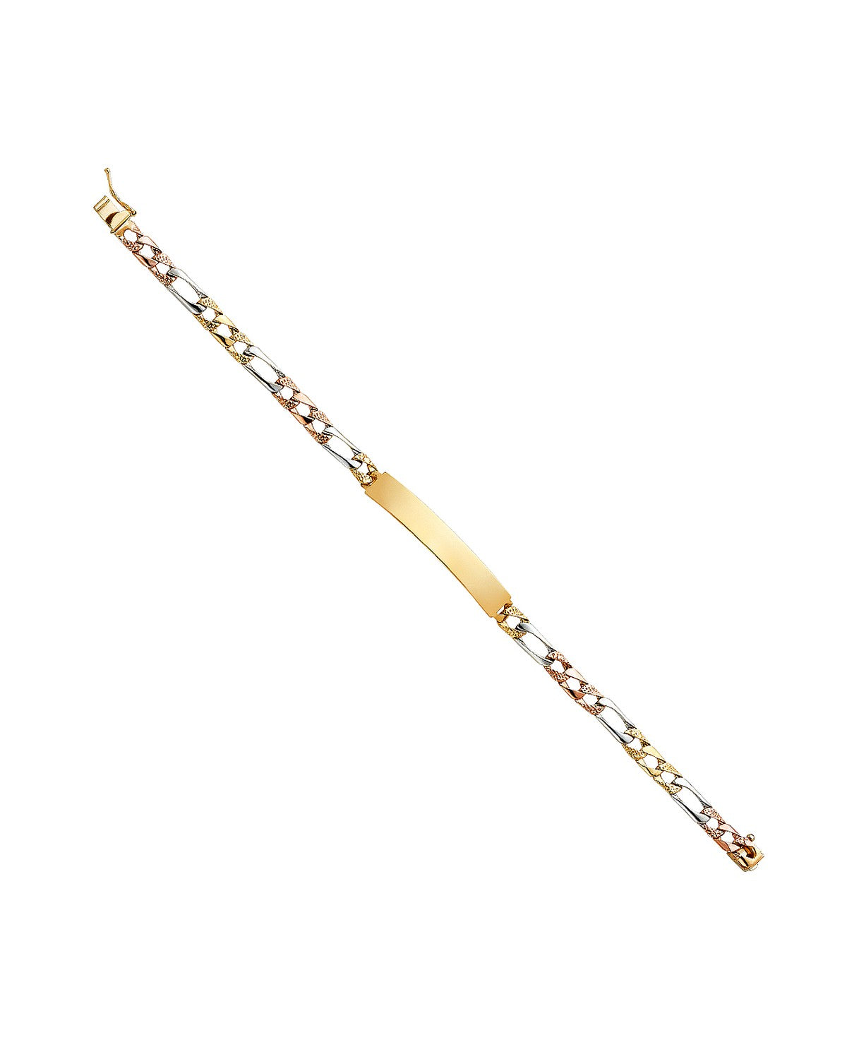14K Tri-Color Gold 3C Nugget Figaro Light Link ID Bracelet (AB-0358)