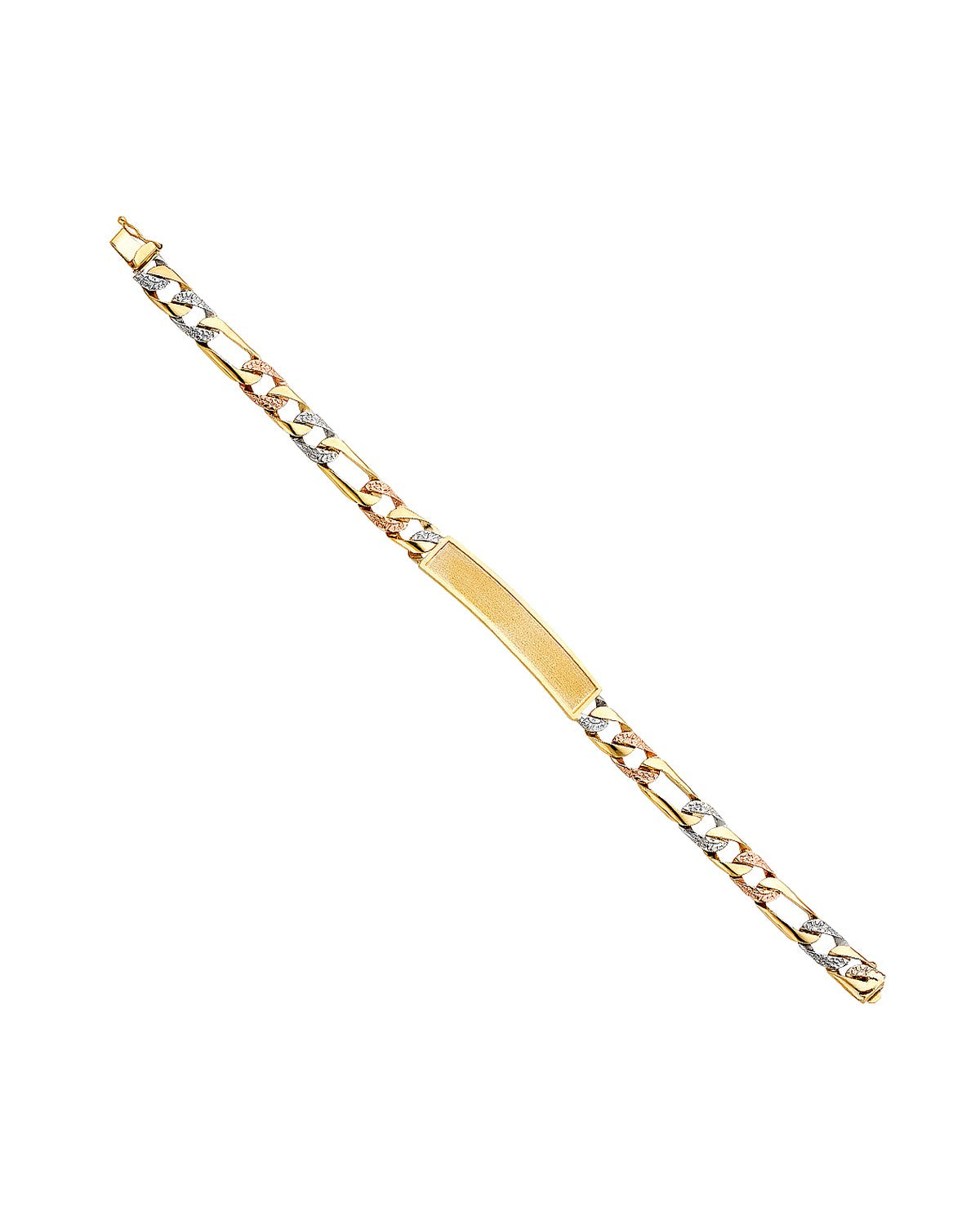 14K Tri-Color Gold 3C Nugget Figaro Frame ID Bracelet (AB-0369)