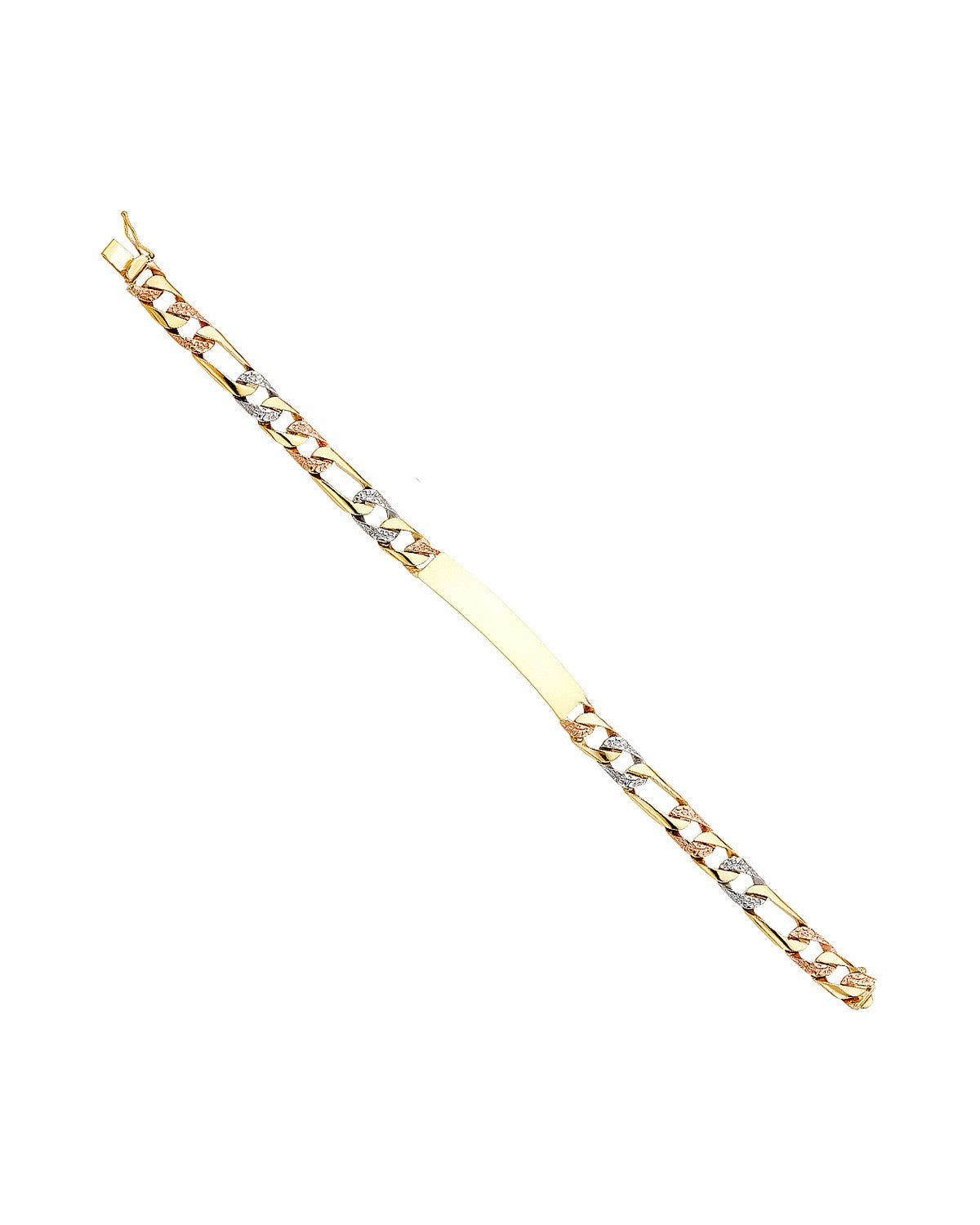 14K Tri-Color Gold 3C Nugget Figaro ID Bracelet (AB-0373)