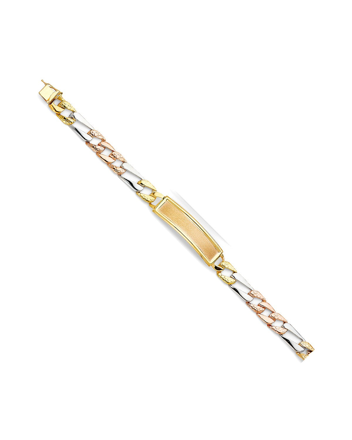 14K Tri-Color Gold 3C Stamp Figaro Link Frame ID Bracelet (AB-0485)
