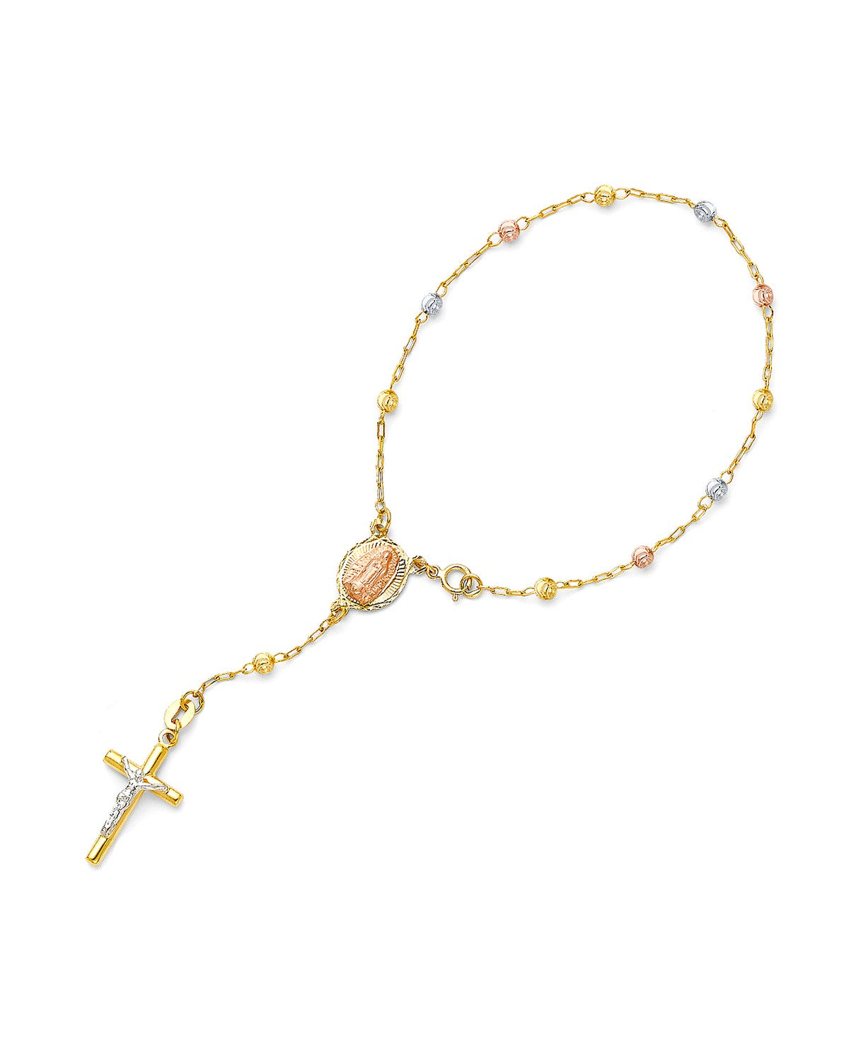 14K Tri-Color Gold 3C 3mm Moon Cut Ball Rosary Bracelet (AB-0549)