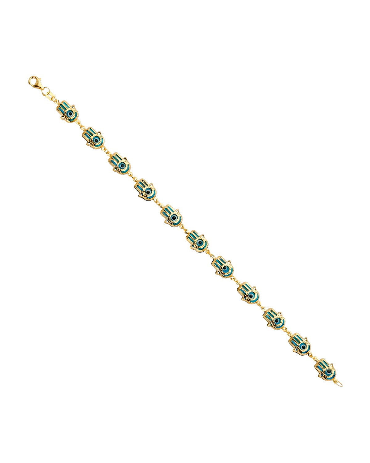 14K Yellow Gold Hamsa Blue Evil Eye Bracelet (AB-0687)