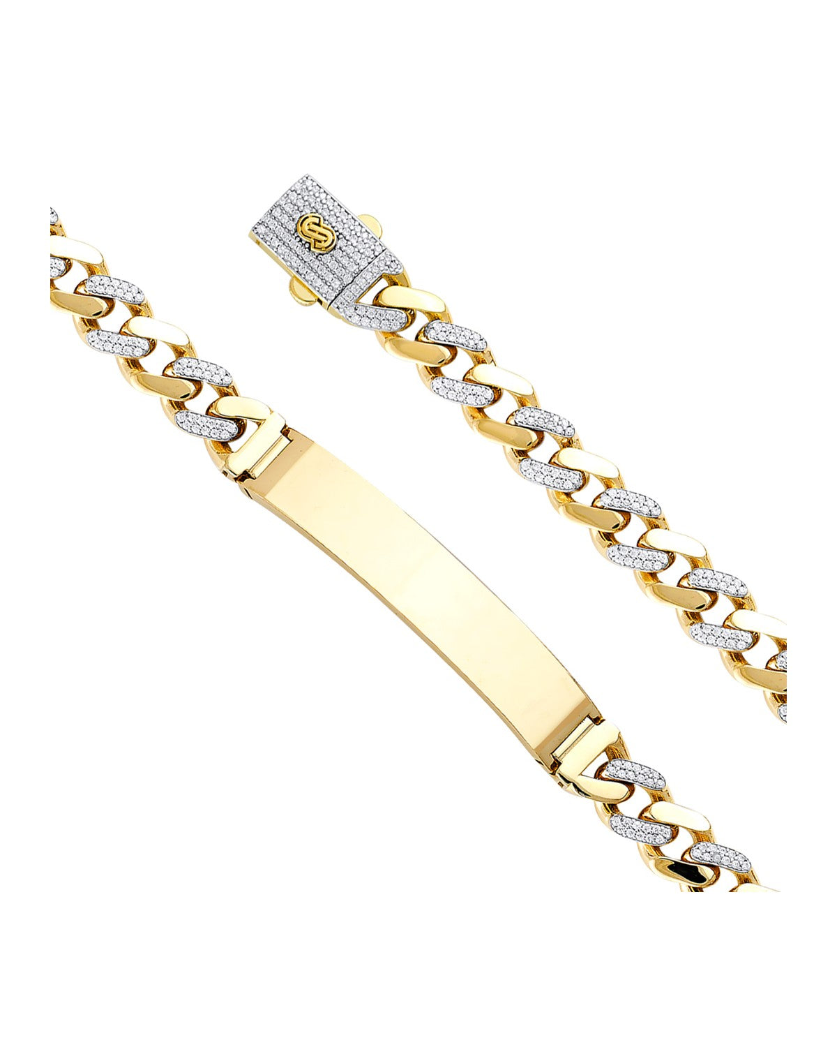 14K Yellow Gold 9.5mm Hollow Cuban CZ Monaco Bracelet with Plain ID (AB-0794)