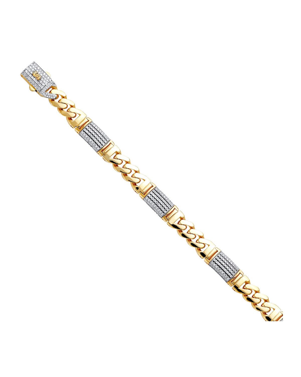 14K Yellow Gold 9.5mm Hollow Fancy Monaco CZ Bracelet with CZ Lock (AB-0797)