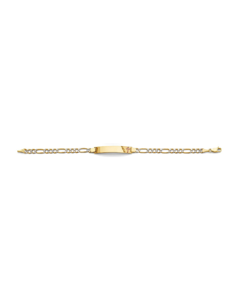 14K Two-Tone Gold 2T Figaro WP Cross ID Bracelet (AB-0863)