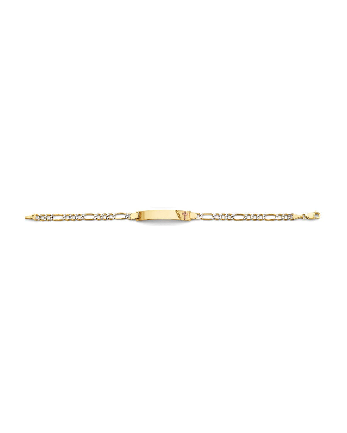 14K Two-Tone Gold 2T Figaro WP Cross ID Bracelet (AB-0863)