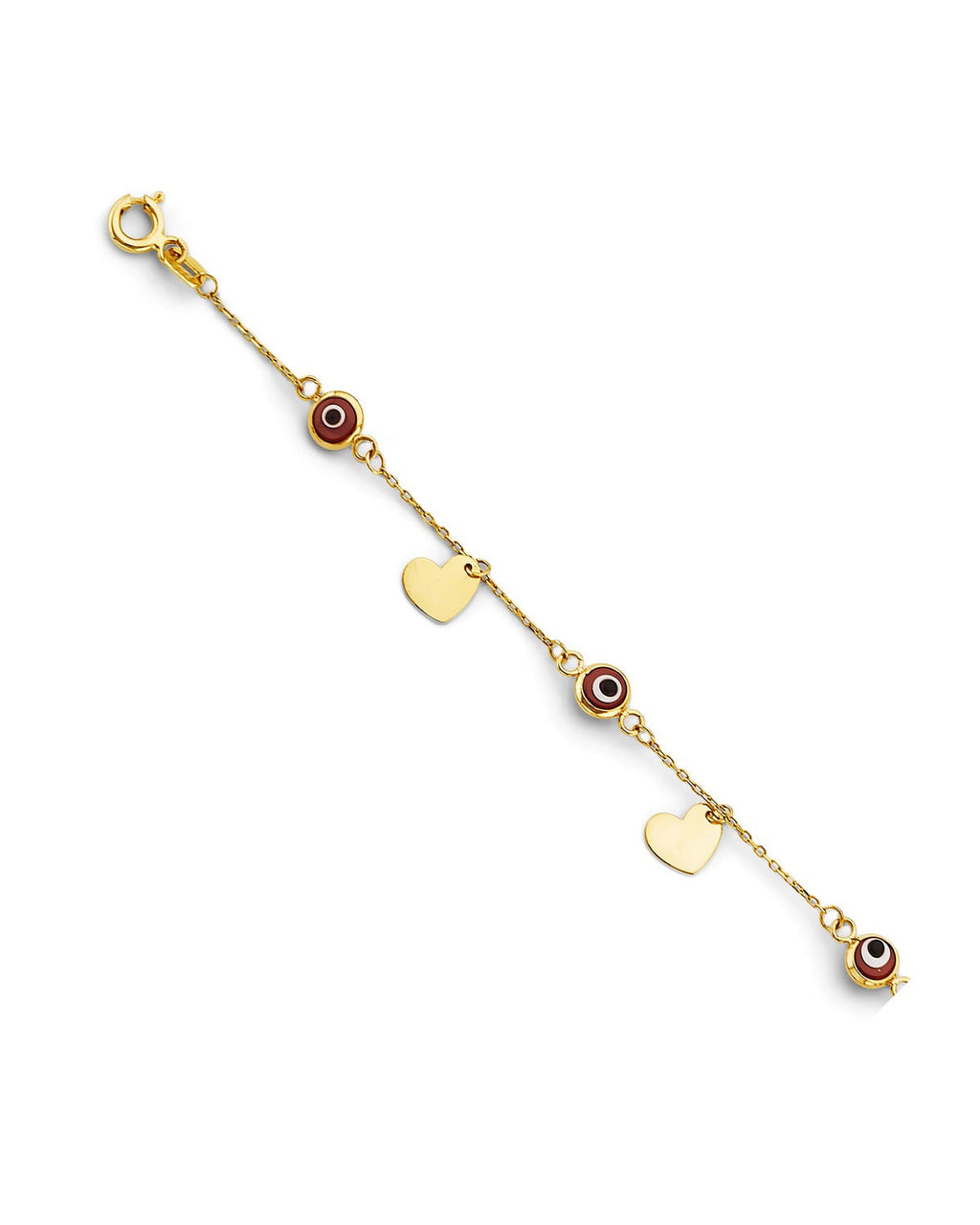 14K Yellow Gold Red Evil Eye & Heart Charms Bracelet (AB-1063)