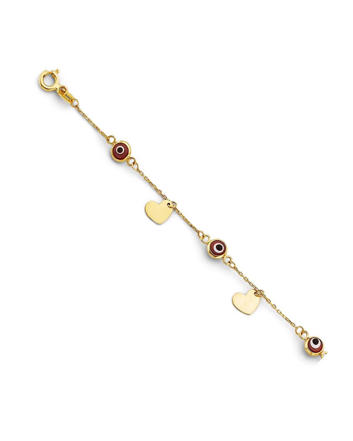 14K Yellow Gold Red Evil Eye & Heart Charms Bracelet (AB-1063)