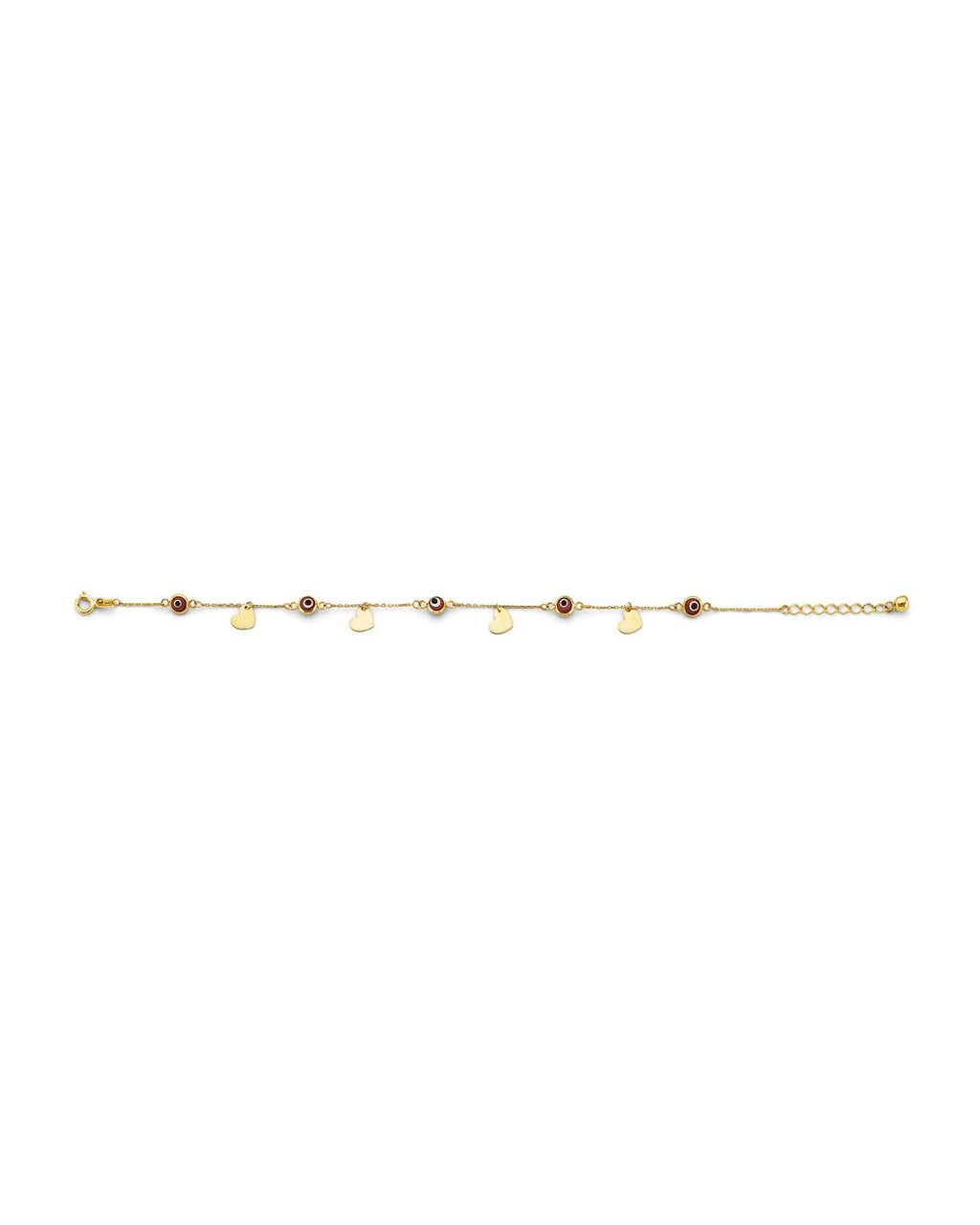 14K Yellow Gold Red Evil Eye & Heart Charms Bracelet (AB-1063)
