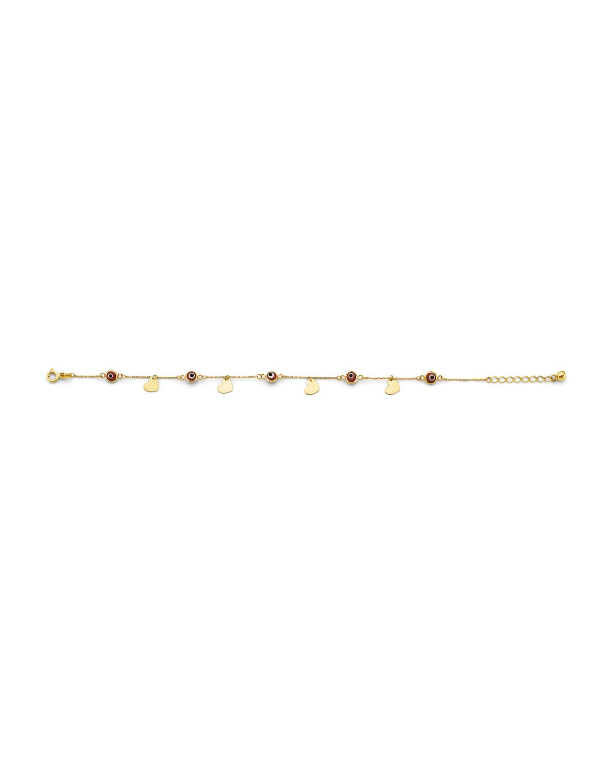14K Yellow Gold Red Evil Eye & Heart Charms Bracelet (AB-1063)