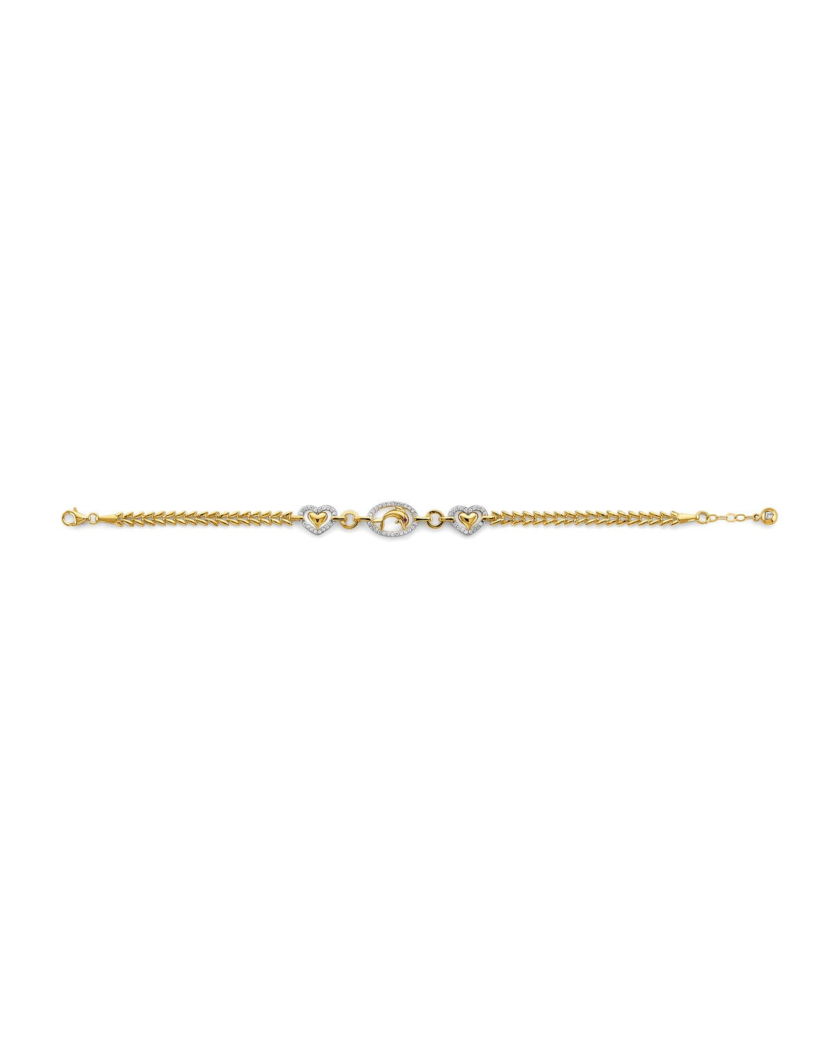 14K Yellow Gold CZ Heart & Dolphin Bracelet (AB-1093)