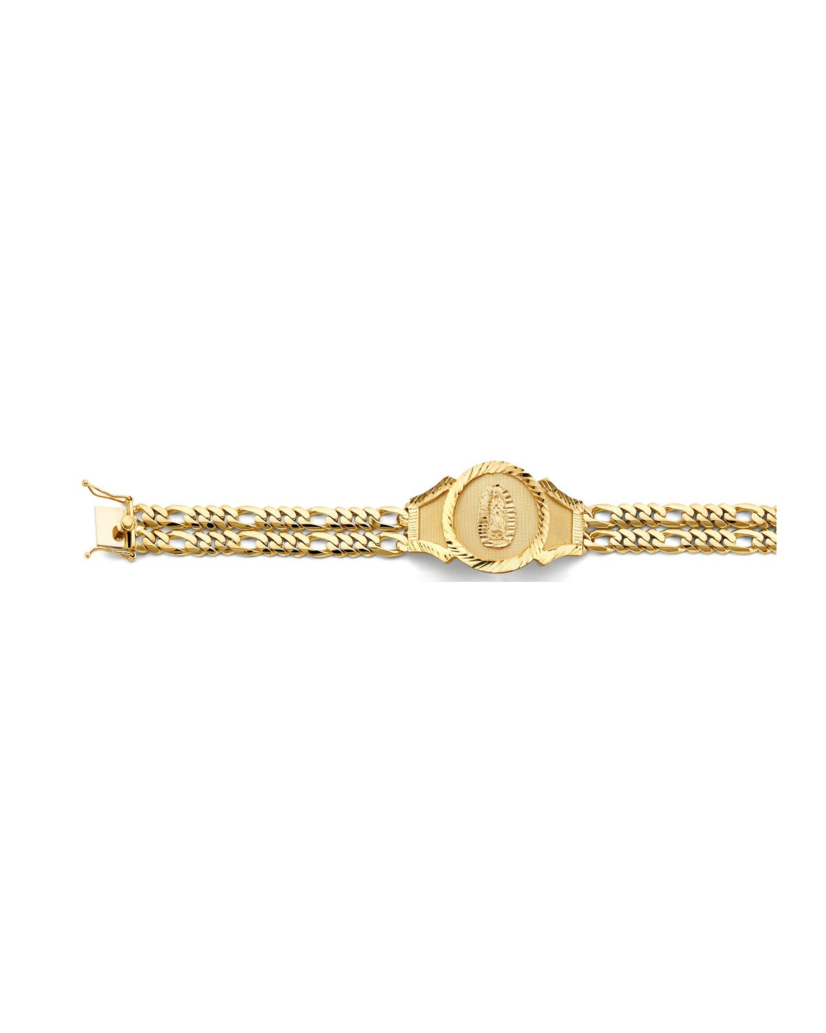 14K Yellow Gold 2Line Figaro Guadalupe Frame ID Bracelet (AB-1145)