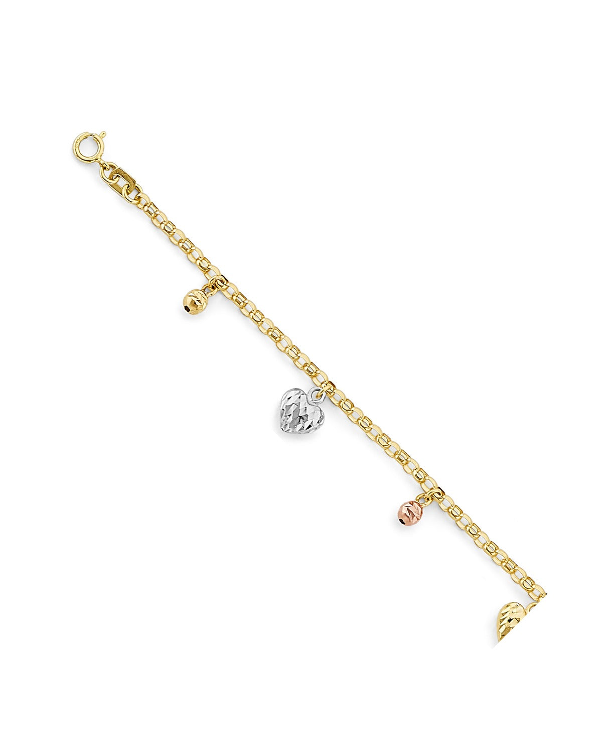 14K Tri-Color Gold 3C Heart & Ball Charm Bracelet (AB-1175)