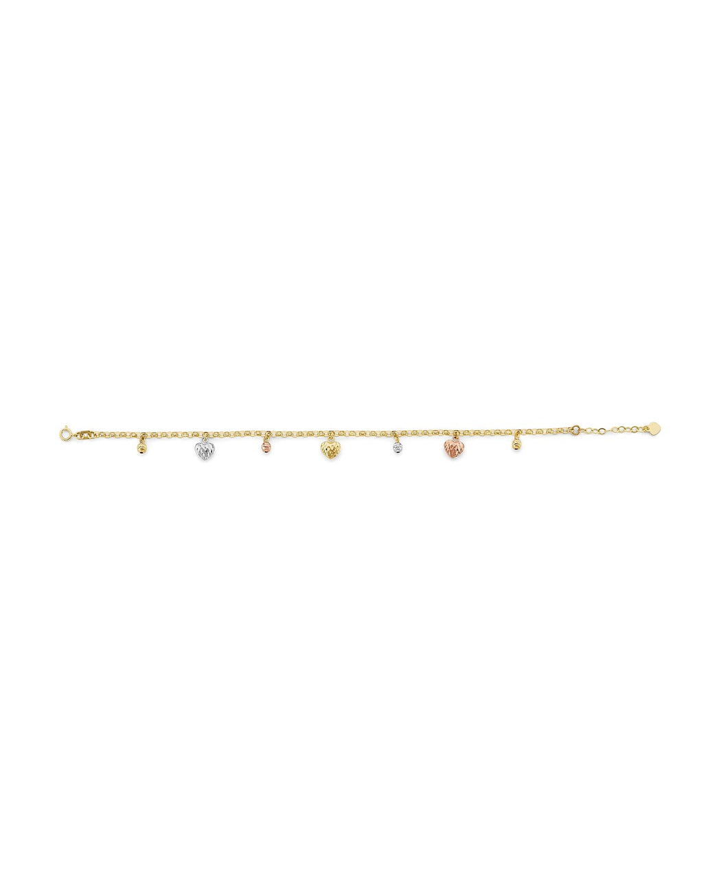 14K Tri-Color Gold 3C Heart & Ball Charm Bracelet (AB-1175)