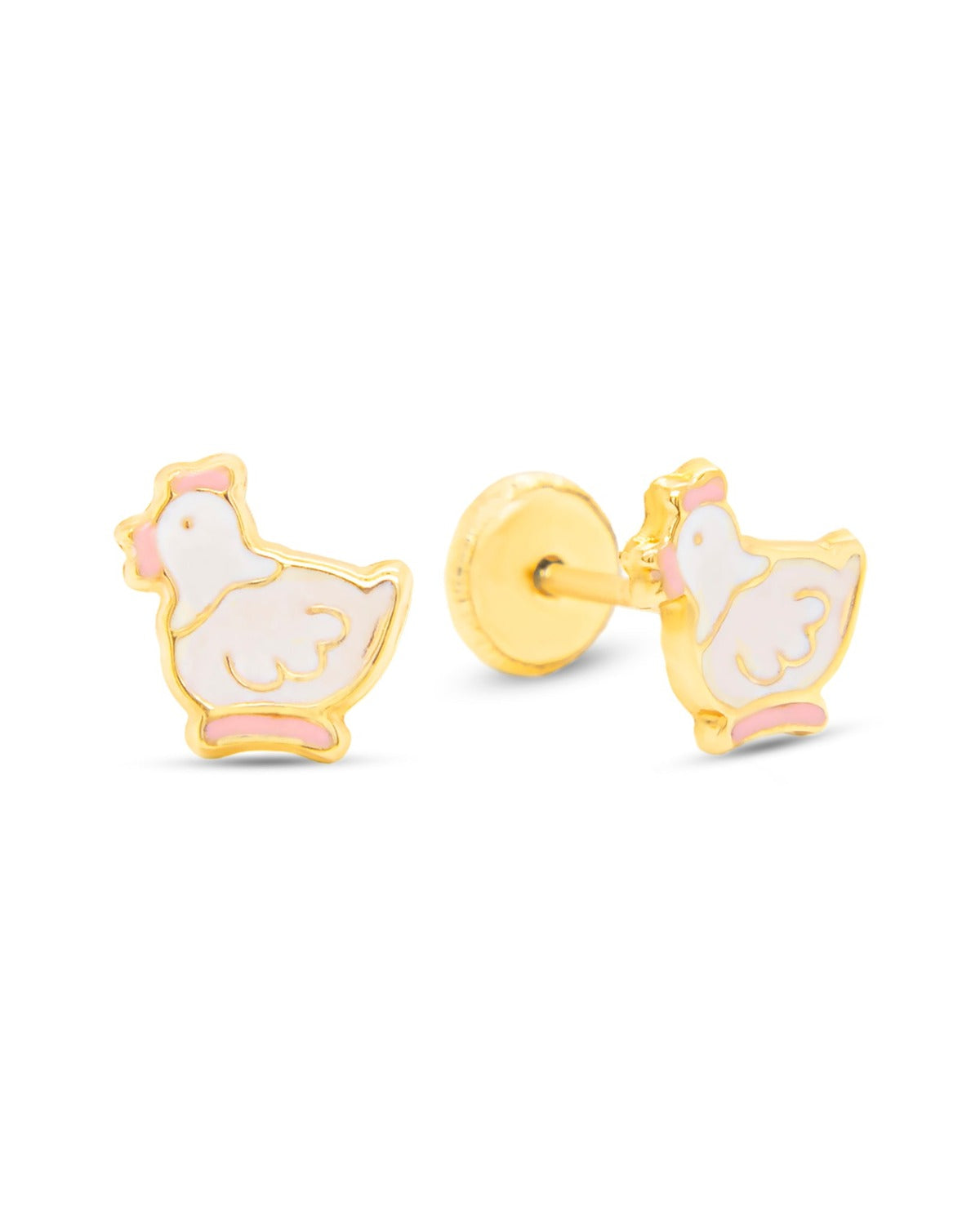 14K Yellow Gold White and Pink Chicken Enamel Screwback Earrings