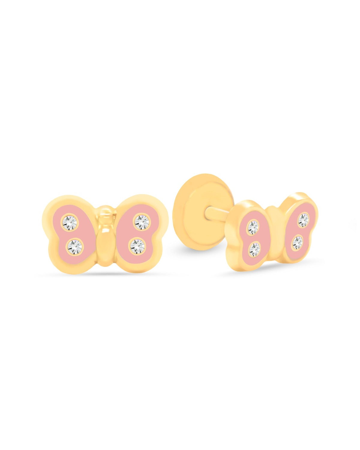 14K Yellow Gold CZ Pink Butterfly Enamel Screwback Earrings