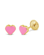 14K Yellow Gold Medium Pink Heart Enamel Screwback Earrings