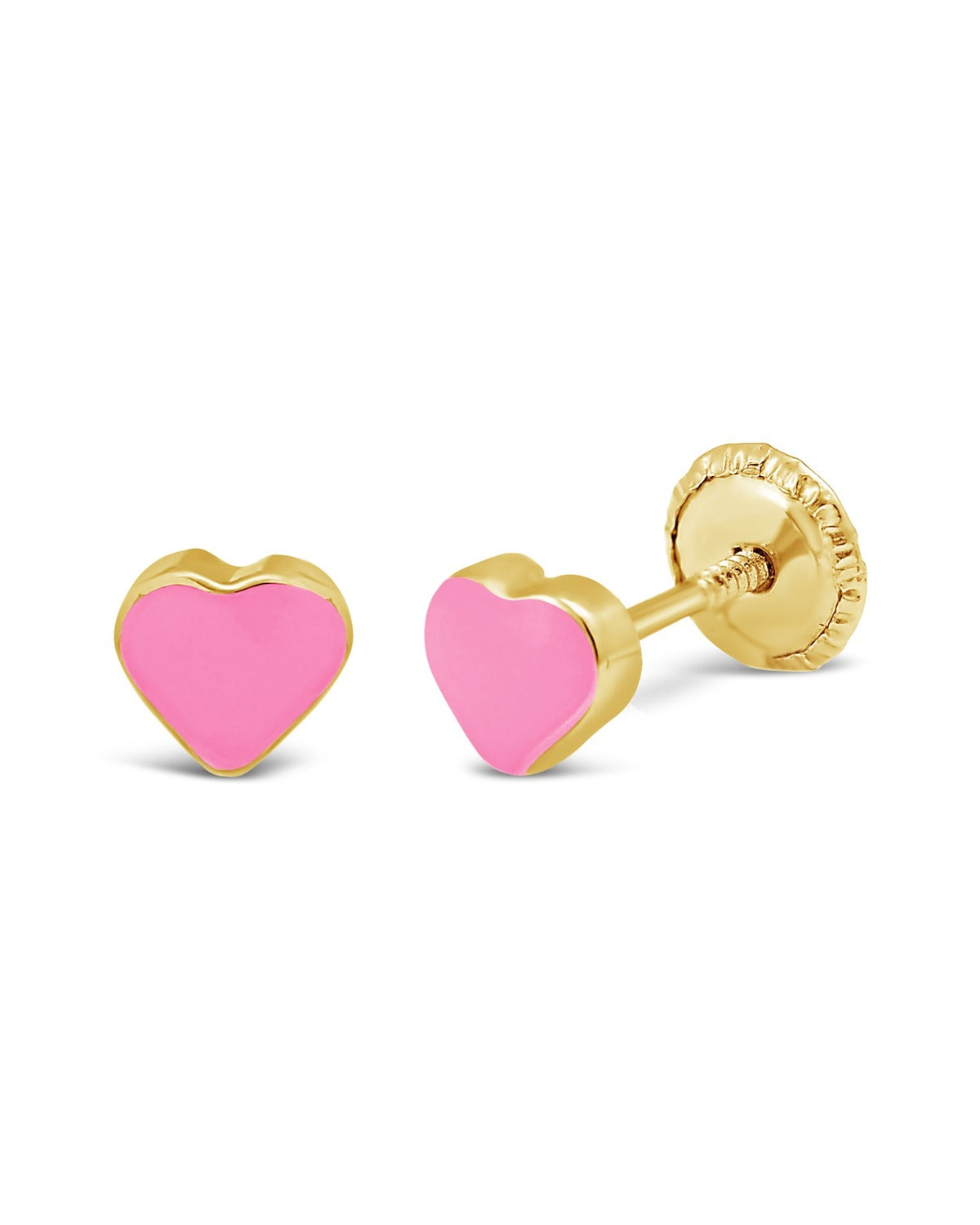 14K Yellow Gold Medium Pink Heart Enamel Screwback Earrings