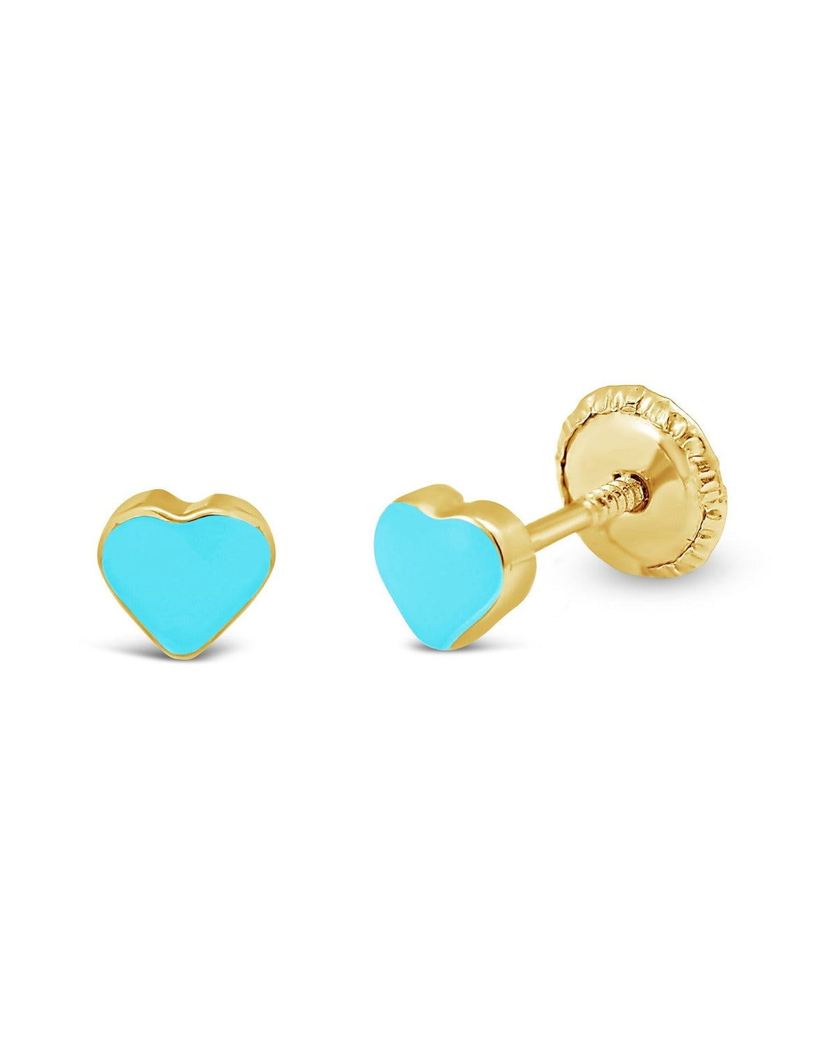 14K Yellow Gold Small Light Blue Heart Enamel Screwback Earrings