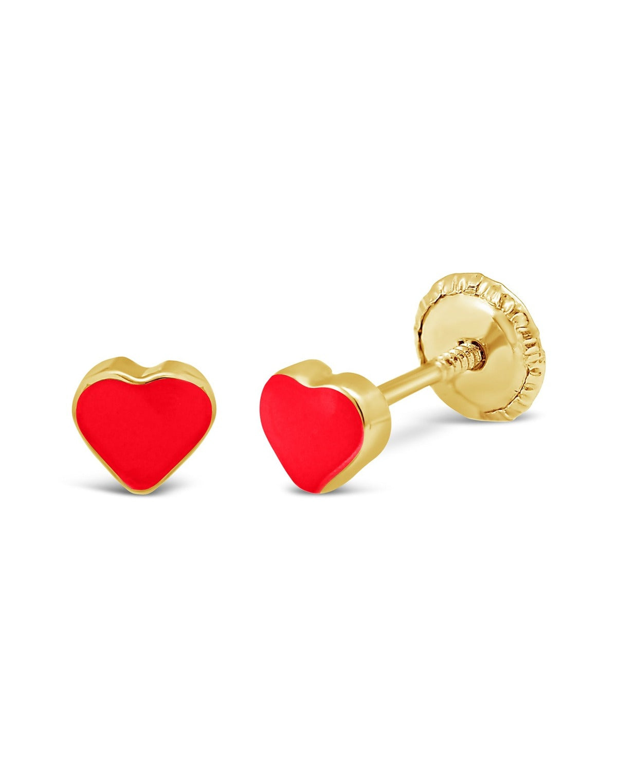 14K Yellow Gold Small Red Heart Enamel Screwback Earrings