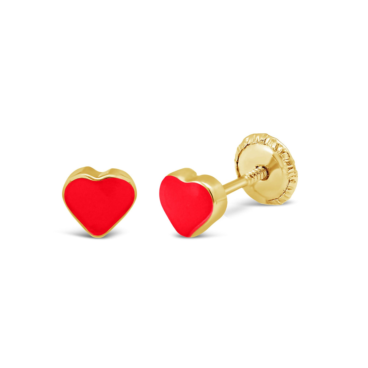 14K Yellow Gold Medium Red Heart Enamel Screwback Earrings