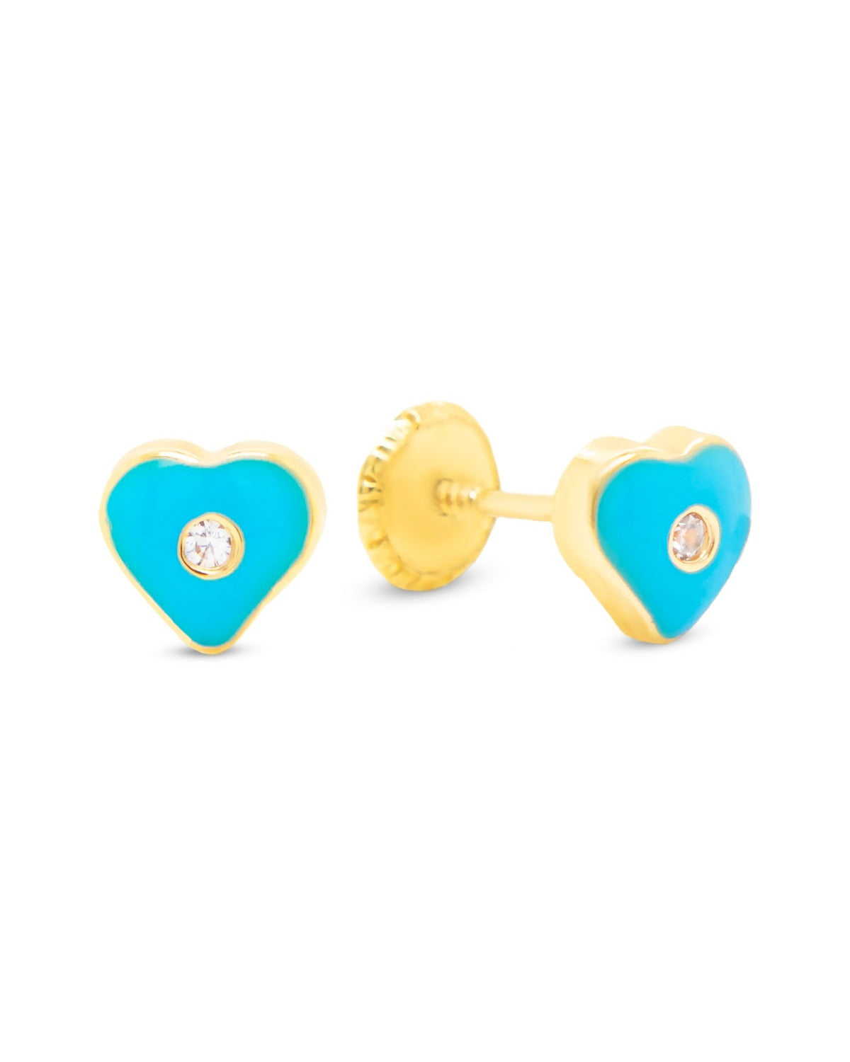 14K Yellow Gold Medium CZ Blue Heart Enamel Screwback Earrings