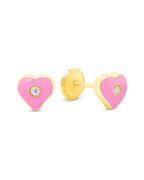 14K Yellow Gold Medium CZ Pink Heart Enamel Screwback Earrings
