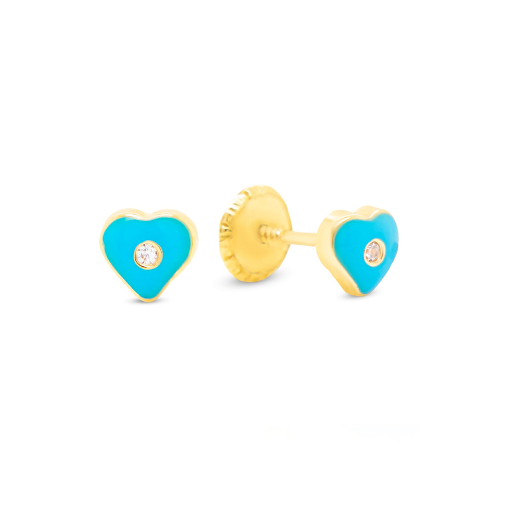 14K Yellow Gold Small CZ Blue Heart Enamel Screwback Earrings