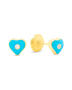 14K Yellow Gold Small CZ Blue Heart Enamel Screwback Earrings