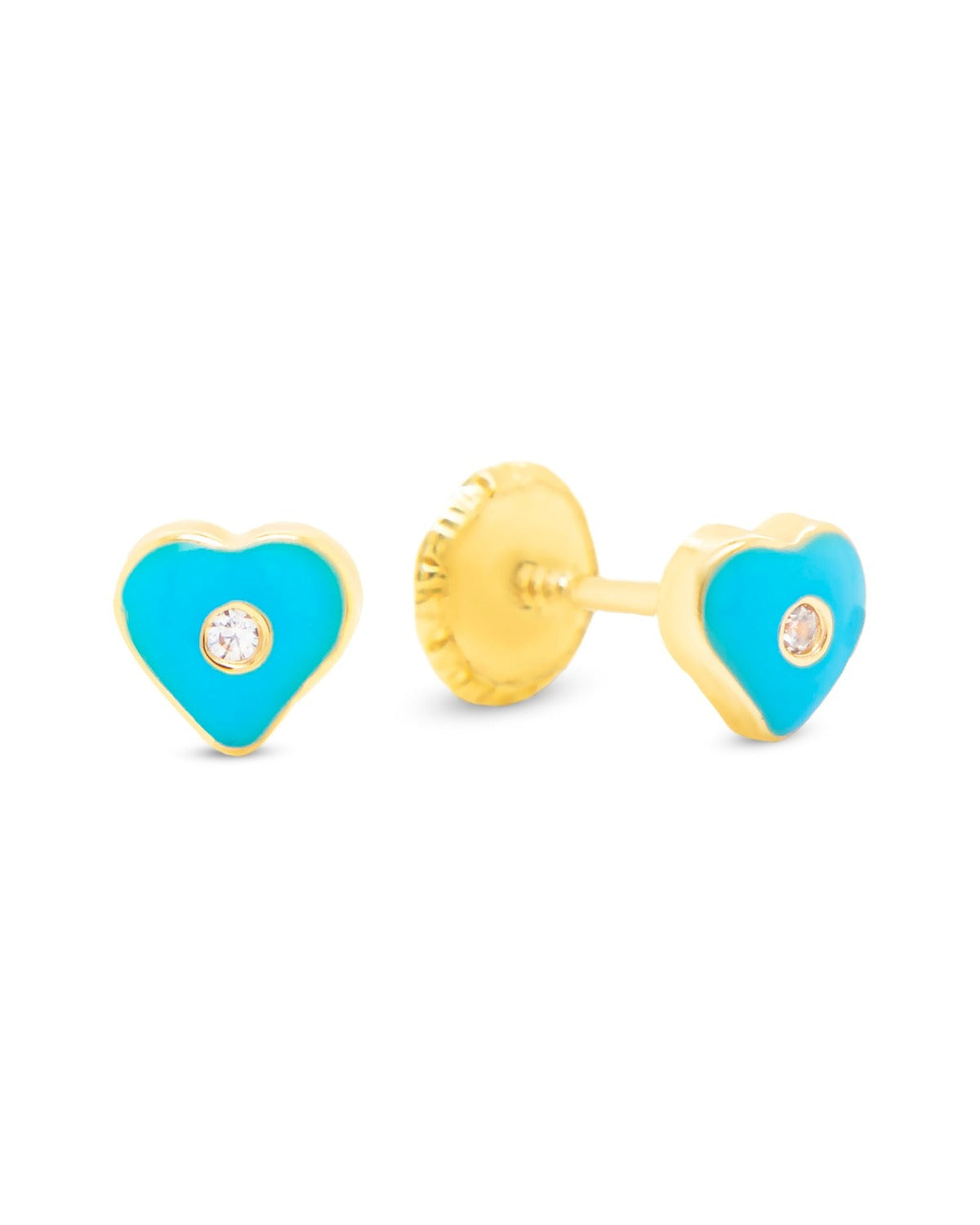 14K Yellow Gold Small CZ Blue Heart Enamel Screwback Earrings