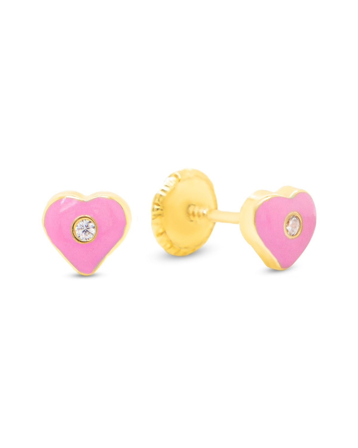 14K Yellow Gold Small CZ Pink Heart Enamel Screwback Earrings