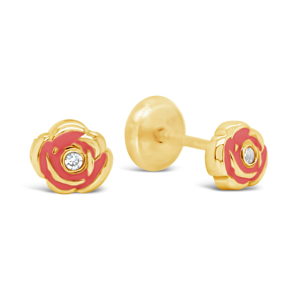 14K Yellow Gold Small CZ Red Rose Enamel Screwback Earrings