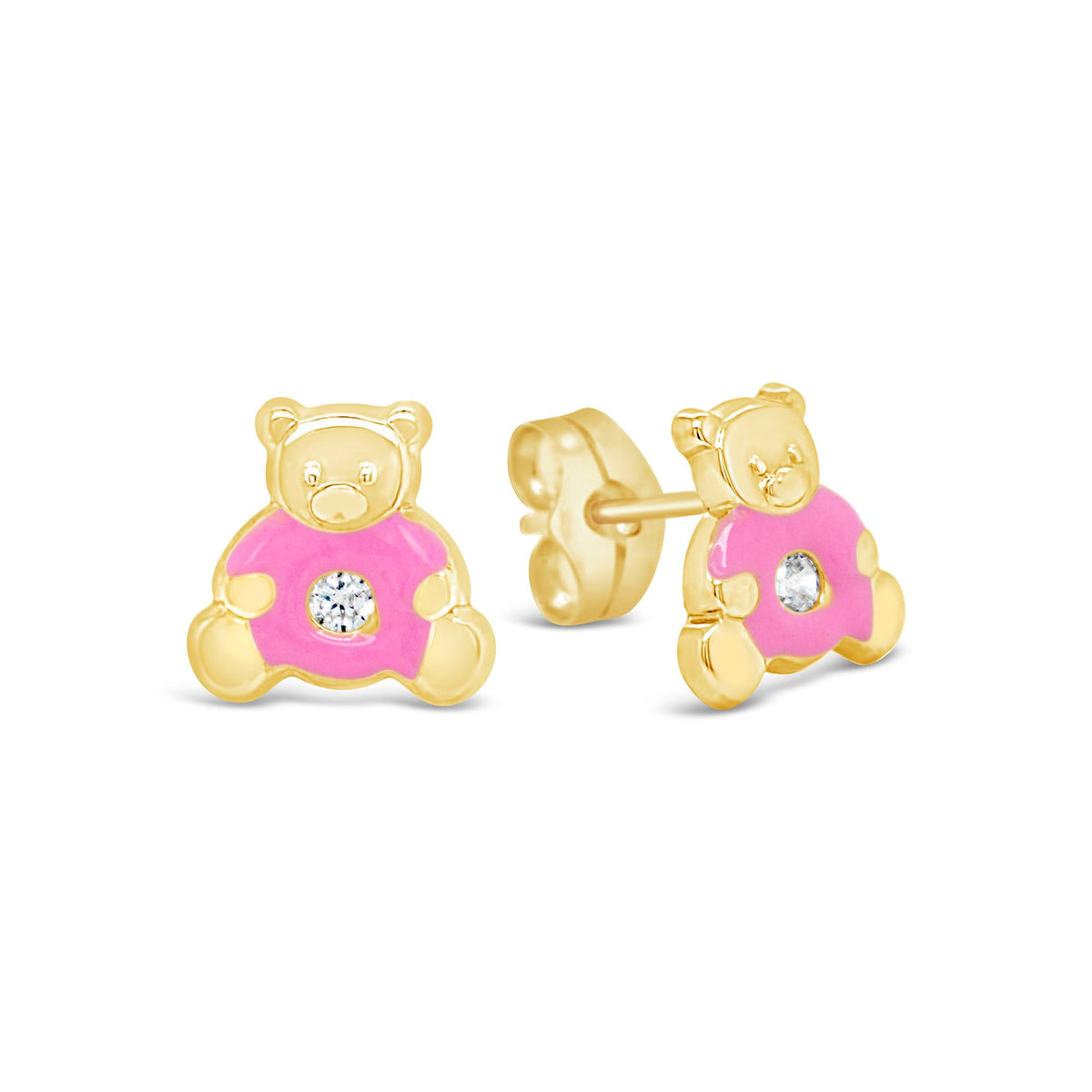 14K Yellow Gold CZ Pink Teddy Bear Enamel Pushback Earrings