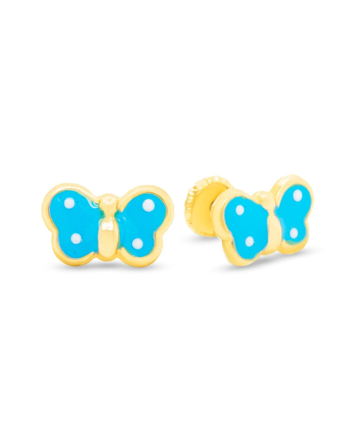 14K Yellow Gold Light Blue Butterfly Enamel Screwback Earrings