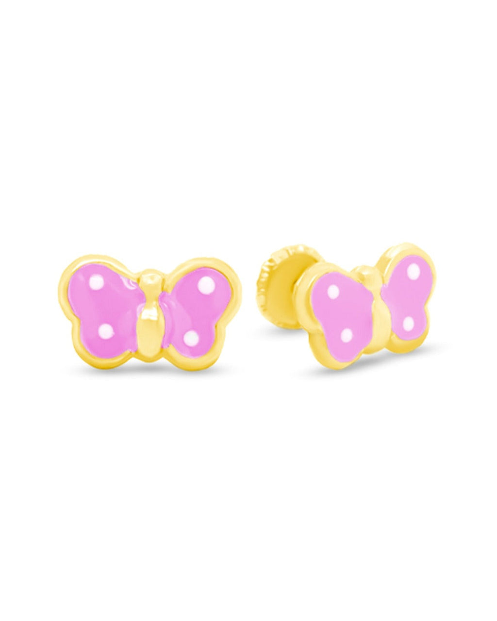 14K Yellow Gold Small Pink Butterfly Enamel Screwback Earrings