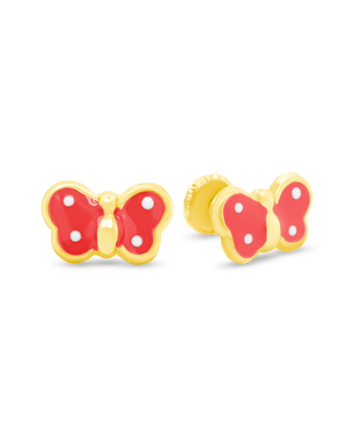 14K Yellow Gold Small Red Butterfly Enamel Screwback Earrings