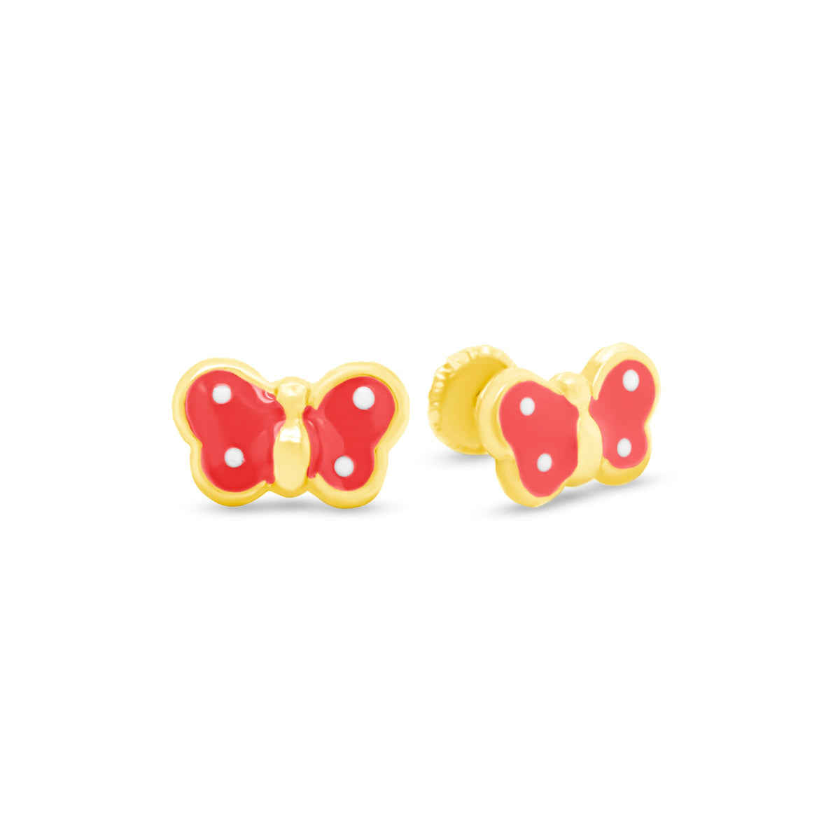 14K Yellow Gold Small Red Butterfly Enamel Screwback Earrings