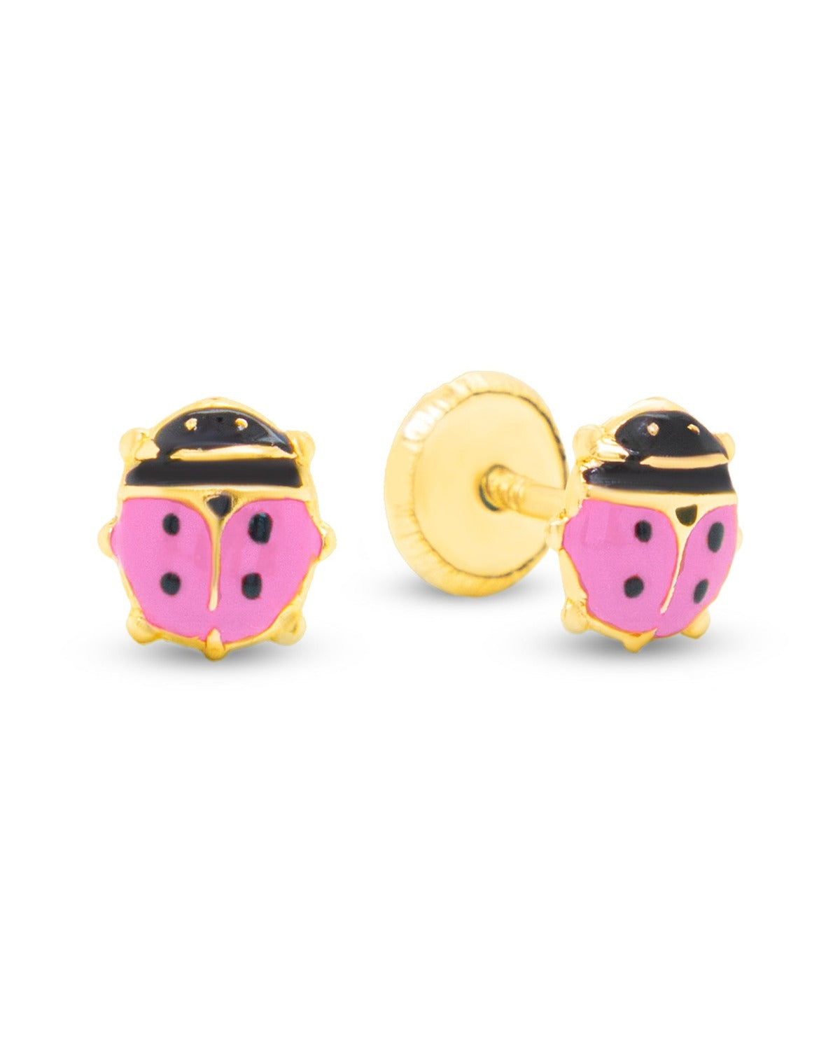 14K Yellow Gold Large Pink Ladybug Enamel Screwback Earrings