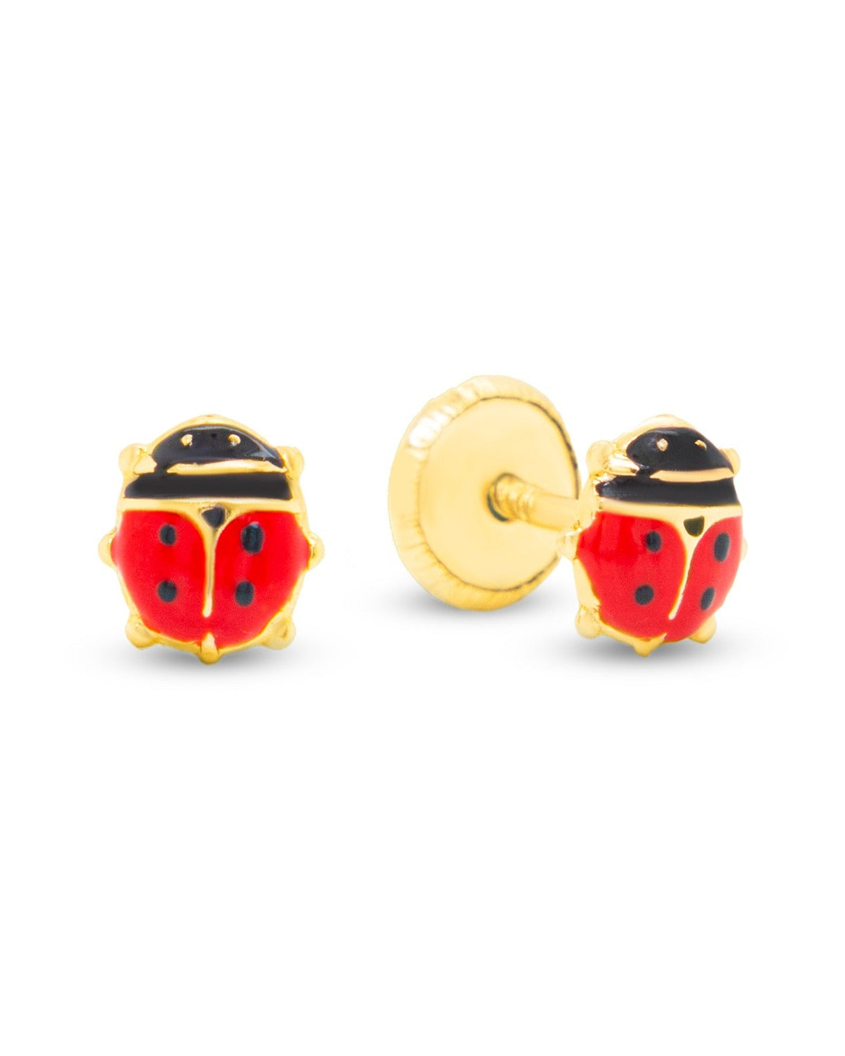 14K Yellow Gold Small Red Ladybug Enamel Screwback Earrings